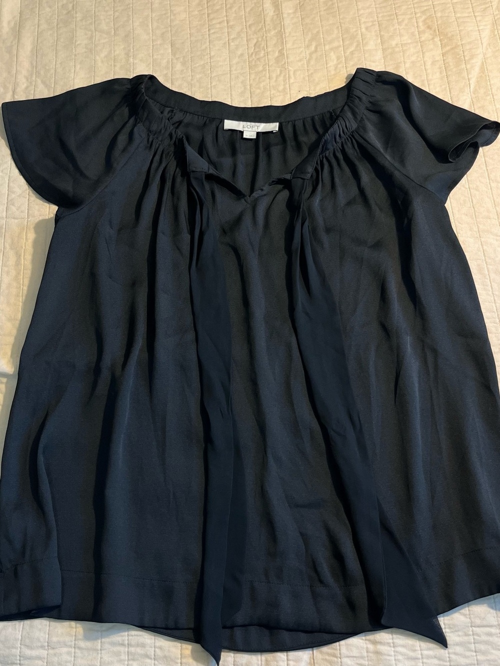 LOFT Black Short-Sleeve Gathered Peasant Blouse